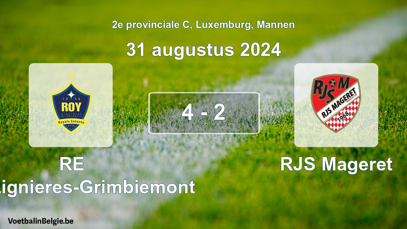Gespeelde wedstrijd mannenvoetbal: RE Roy-Lignieres-Grimbiemont - RJS Mageret 4 - 2 (31 augustus 2024)