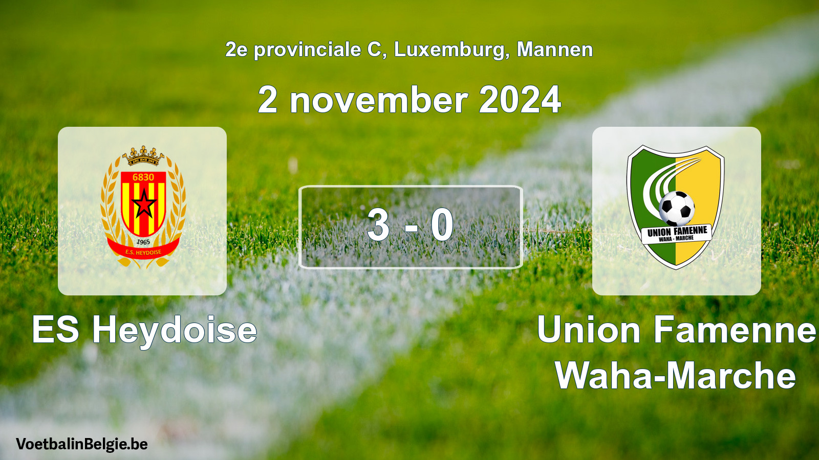 Gespeelde wedstrijd mannenvoetbal: ES Heydoise - Union Famenne Waha-Marche 3 - 0 (2 november 2024)