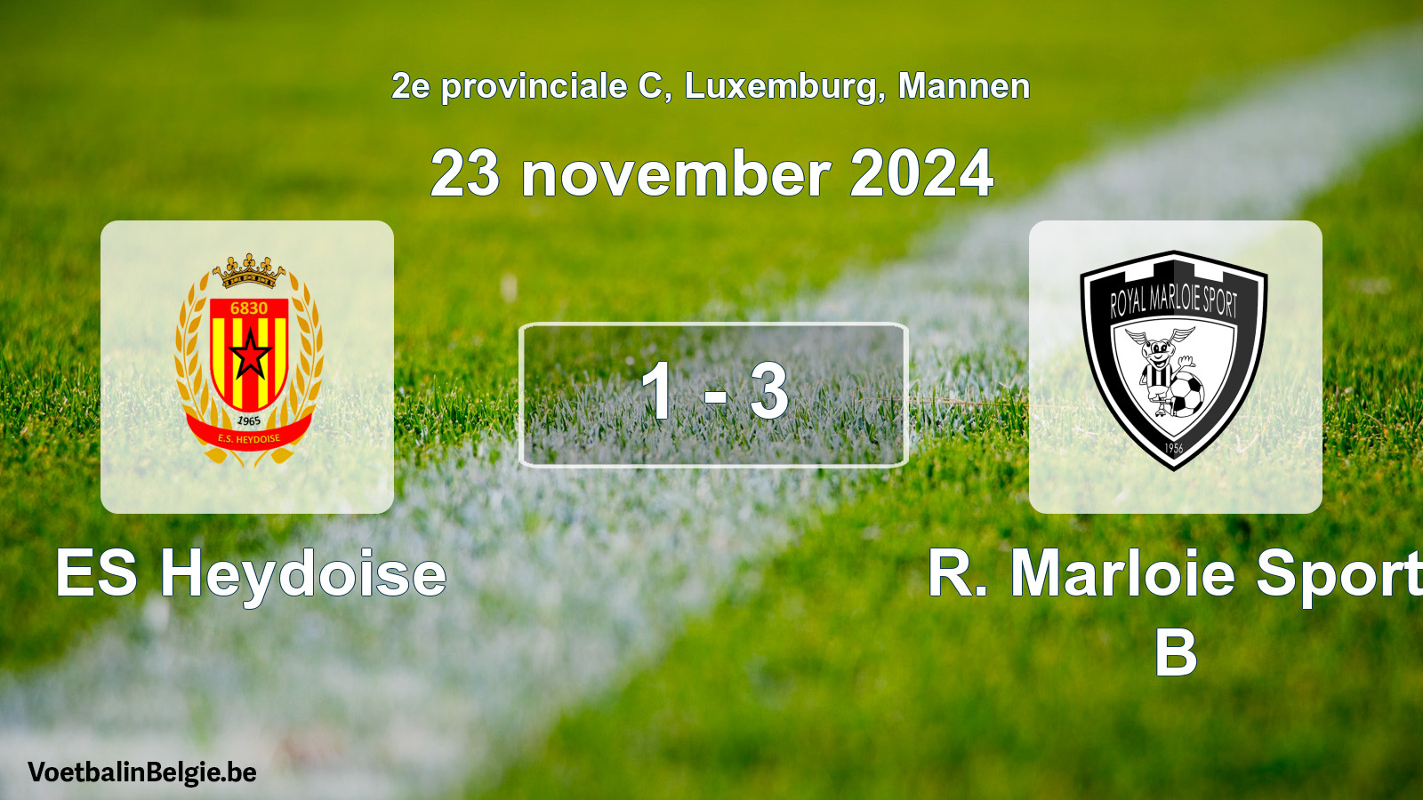 Gespeelde wedstrijd mannenvoetbal: ES Heydoise - R. Marloie Sport B 1 - 3 (23 november 2024)