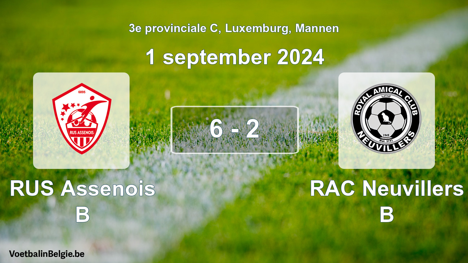Played match men football: RUS Assenois B - RAC Neuvillers B 6 - 2 (1 September 2024)