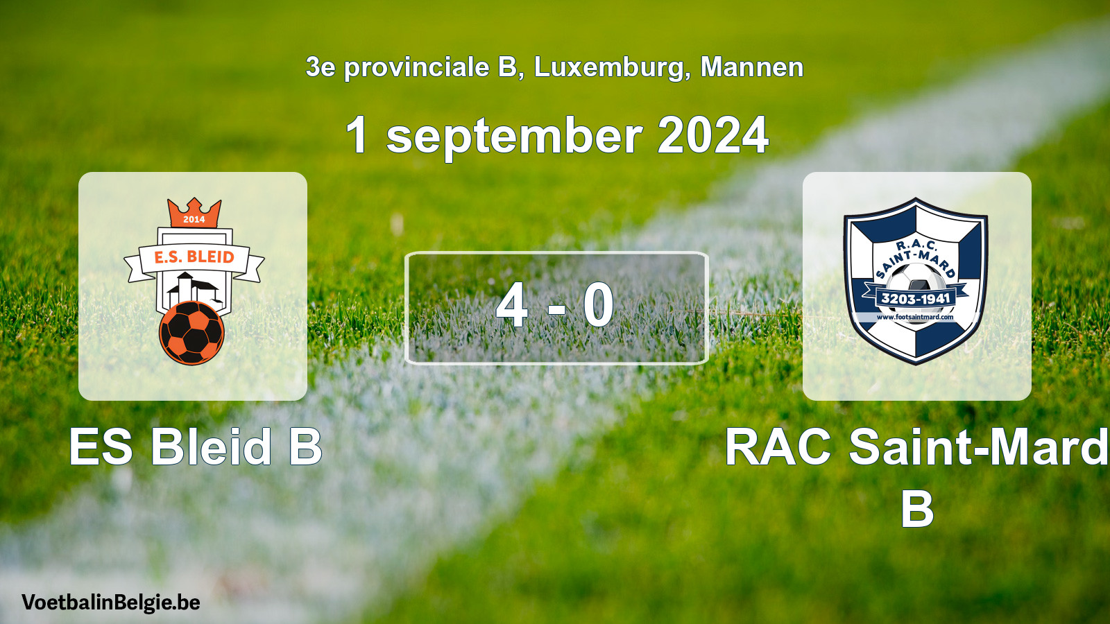 Gespeelde wedstrijd mannenvoetbal: ES Bleid B - RAC Saint-Mard B 4 - 0 (1 september 2024)