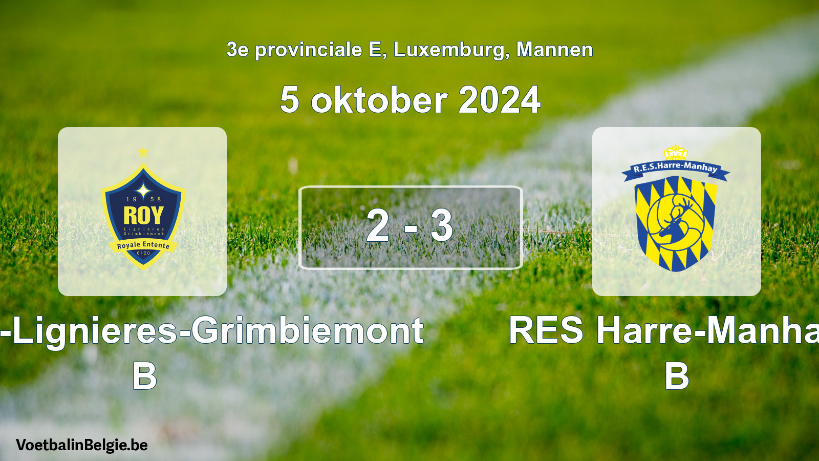 Gespeelde wedstrijd mannenvoetbal: RE Roy-Lignieres-Grimbiemont B - RES Harre-Manhay B 2 - 3 (5 oktober 2024)