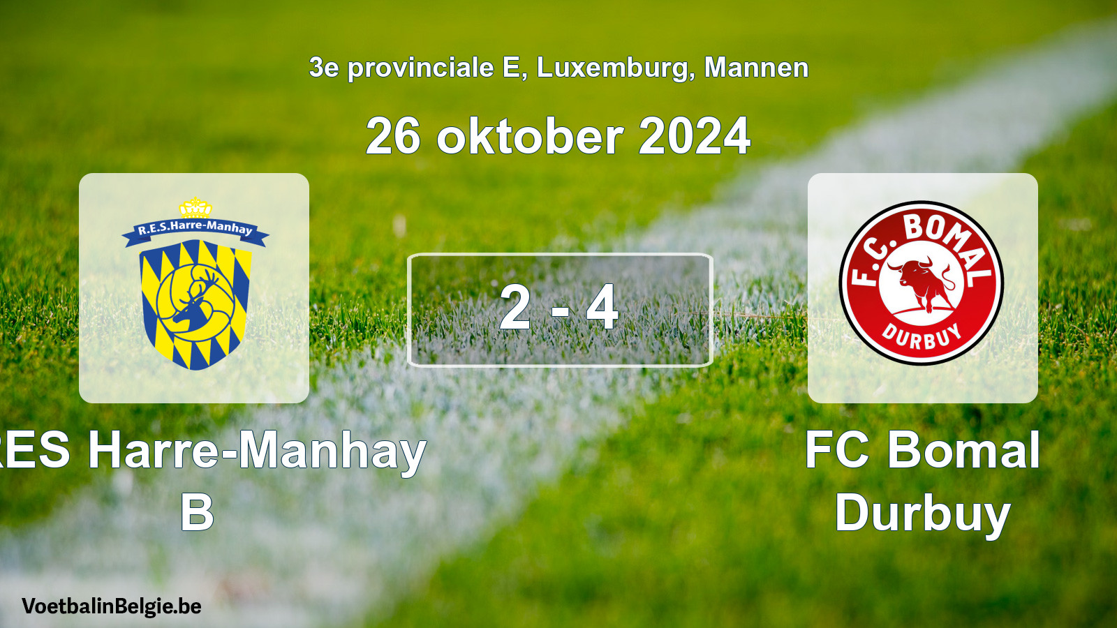Gespeelde wedstrijd mannenvoetbal: RES Harre-Manhay B - FC Bomal Durbuy 2 - 4 (26 oktober 2024)