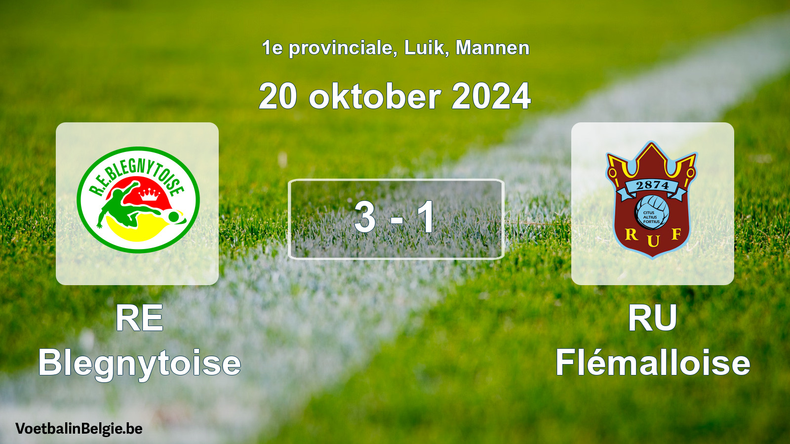 Gespeelde wedstrijd mannenvoetbal: RE Blegnytoise - RU Flémalloise 3 - 1 (20 oktober 2024)