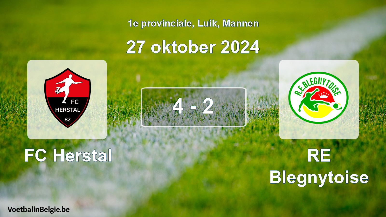 Gespeelde wedstrijd mannenvoetbal: FC Herstal - RE Blegnytoise 4 - 2 (27 oktober 2024)