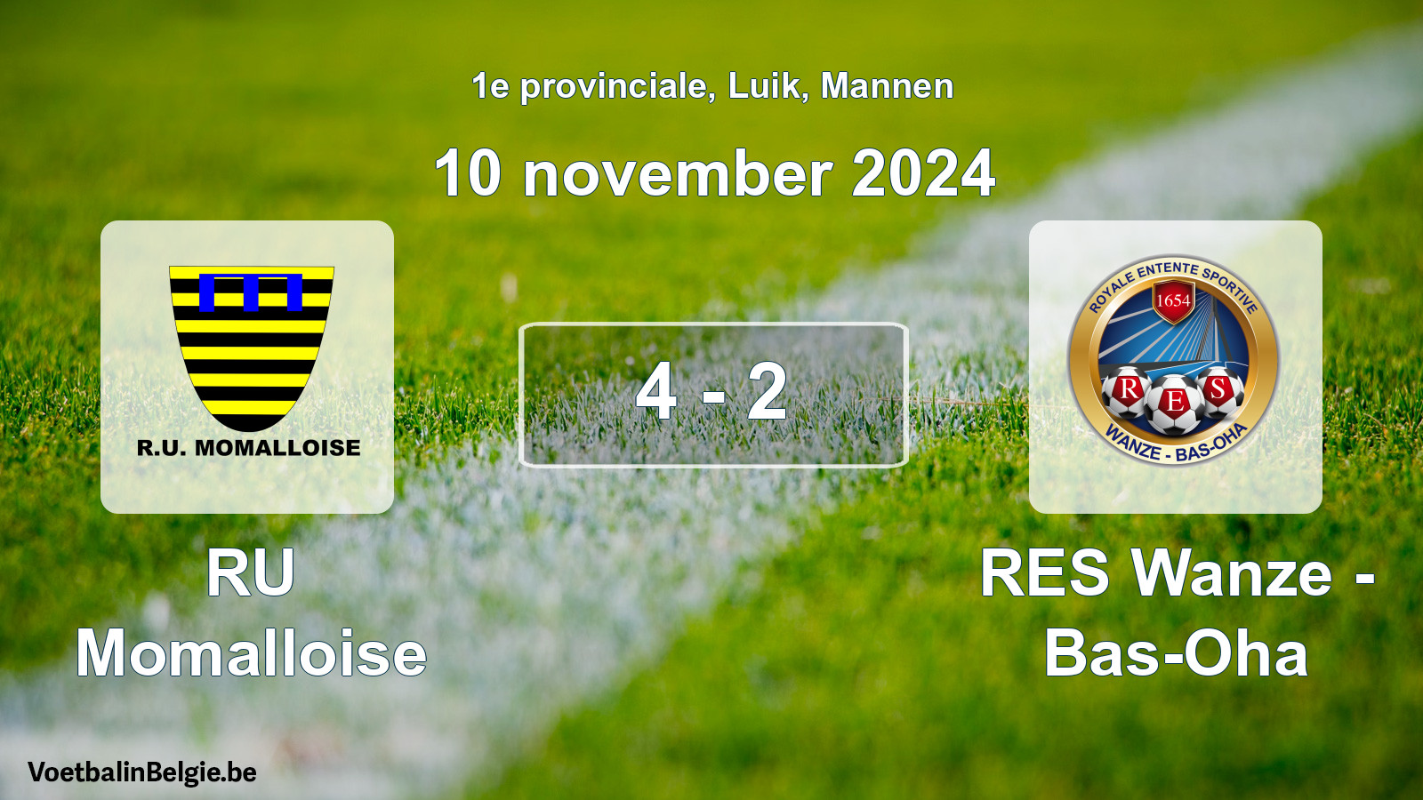 Gespeelde wedstrijd mannenvoetbal: RU Momalloise - RES Wanze - Bas-Oha 4 - 2 (10 november 2024)