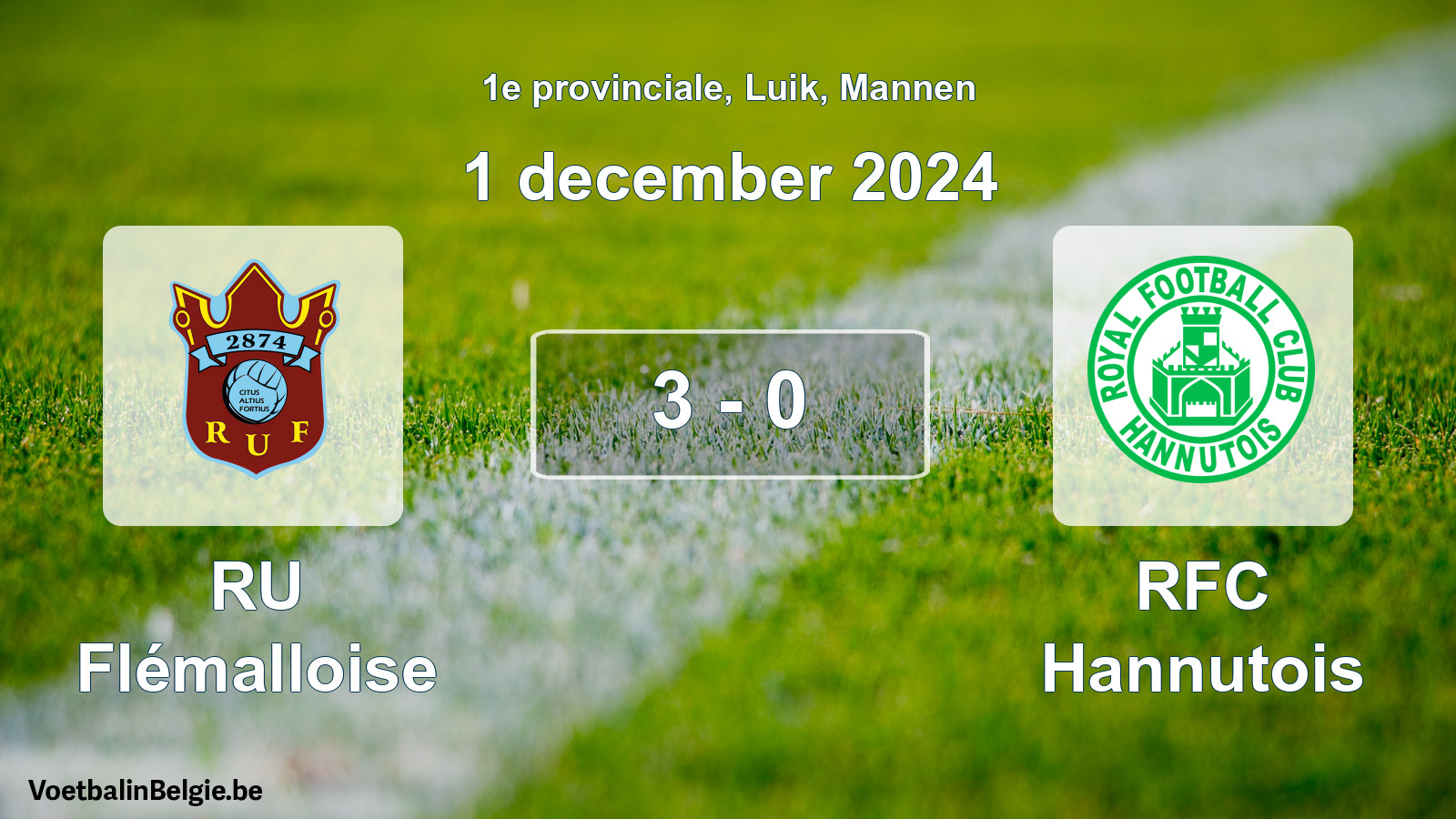Gespeelde wedstrijd mannenvoetbal: RU Flémalloise - RFC Hannutois 3 - 0 (1 december 2024)