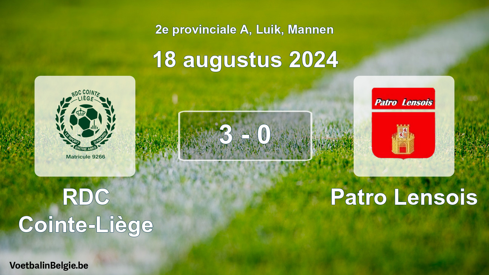 Gespeelde wedstrijd mannenvoetbal: RDC Cointe-Liège - Patro Lensois 3 - 0 (18 augustus 2024)