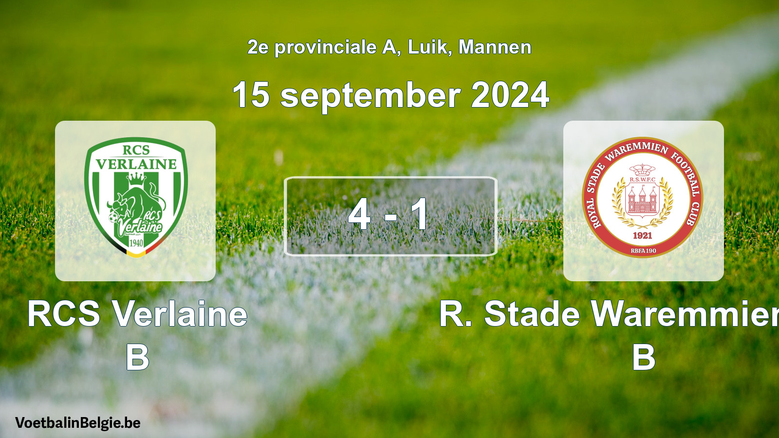 Gespeelde wedstrijd mannenvoetbal: RCS Verlaine B - R. Stade Waremmien FC B 4 - 1 (15 september 2024)