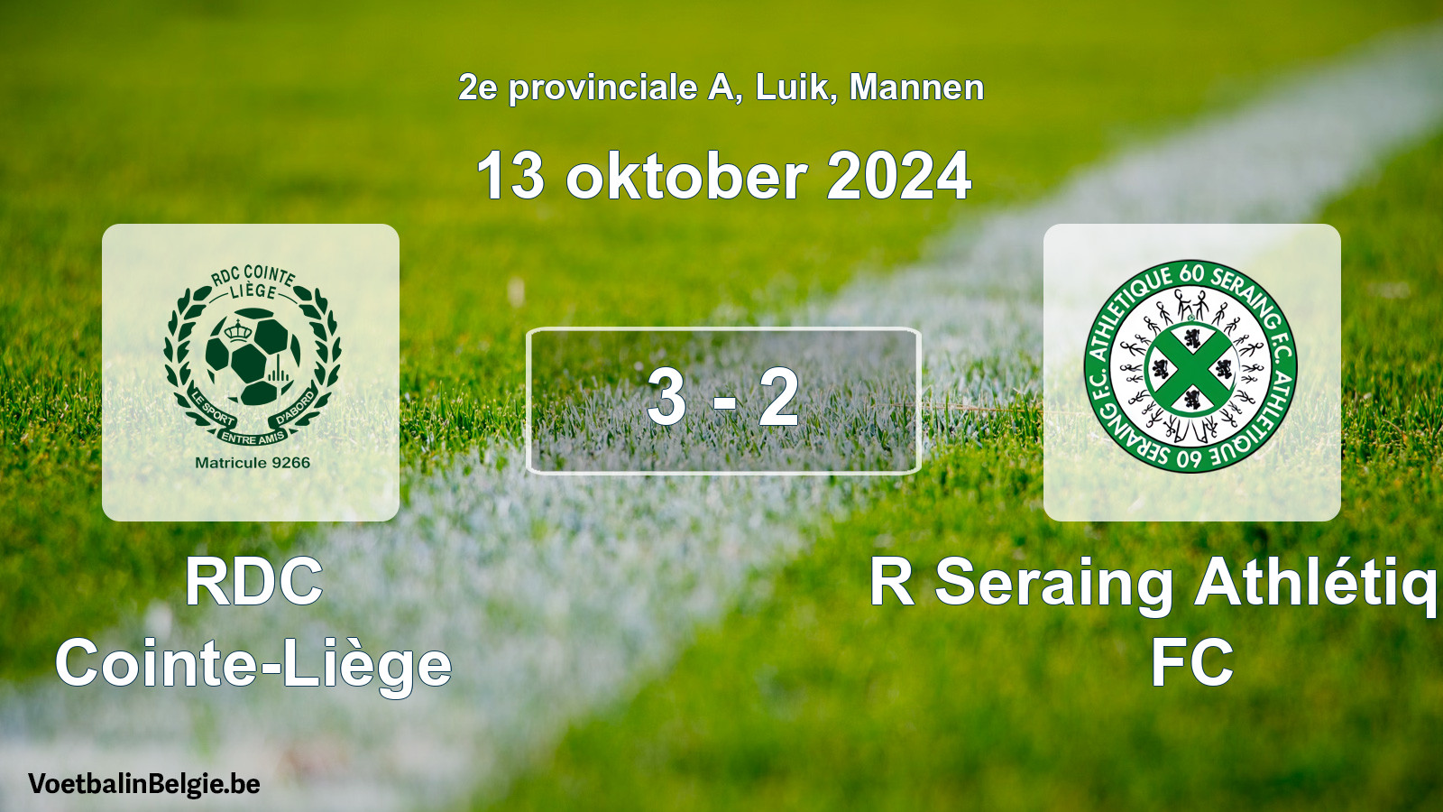 Gespeelde wedstrijd mannenvoetbal: RDC Cointe-Liège - R Seraing Athlétique FC 3 - 2 (13 oktober 2024)