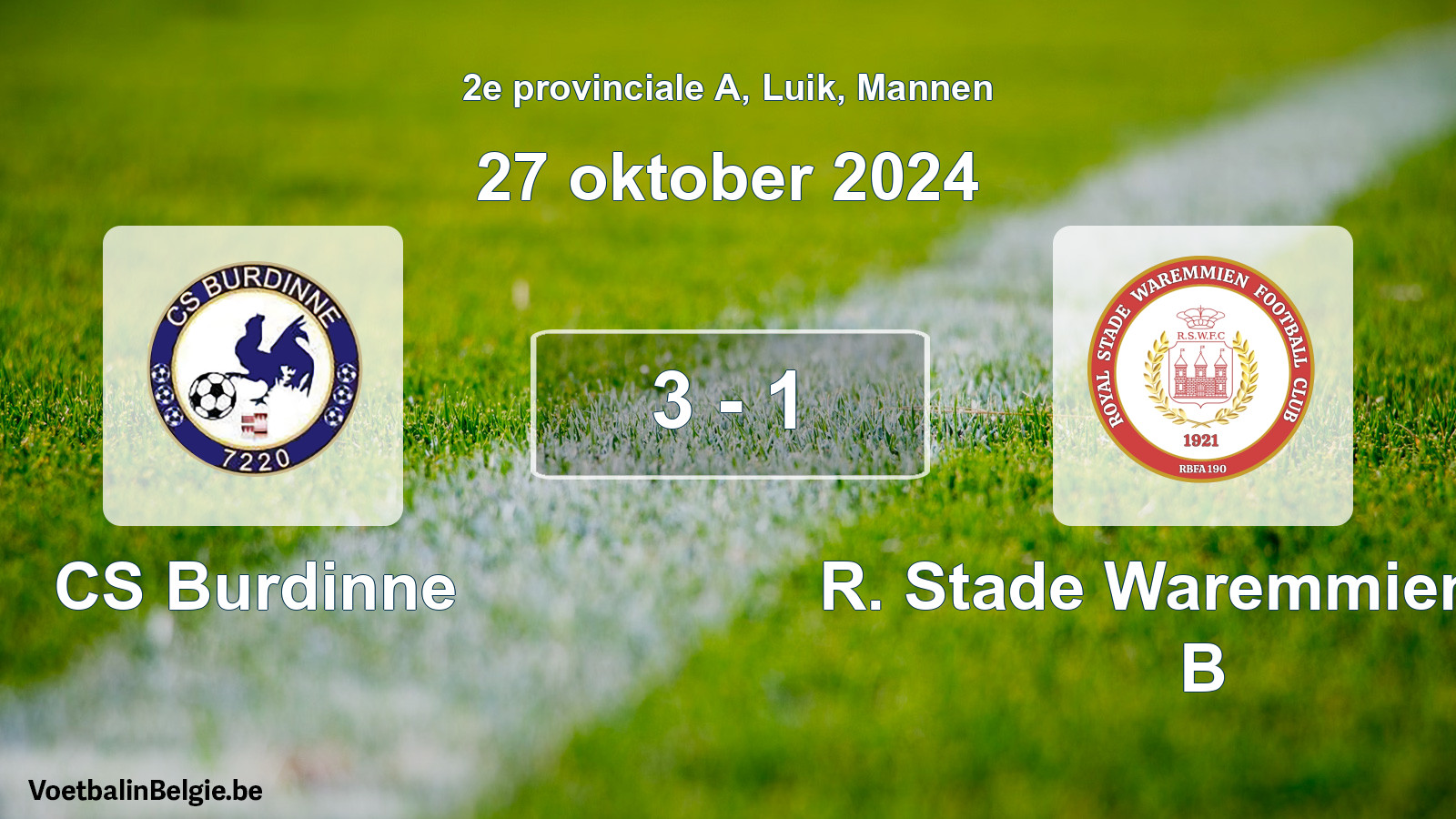 Gespeelde wedstrijd mannenvoetbal: CS Burdinne - R. Stade Waremmien FC B 3 - 1 (27 oktober 2024)