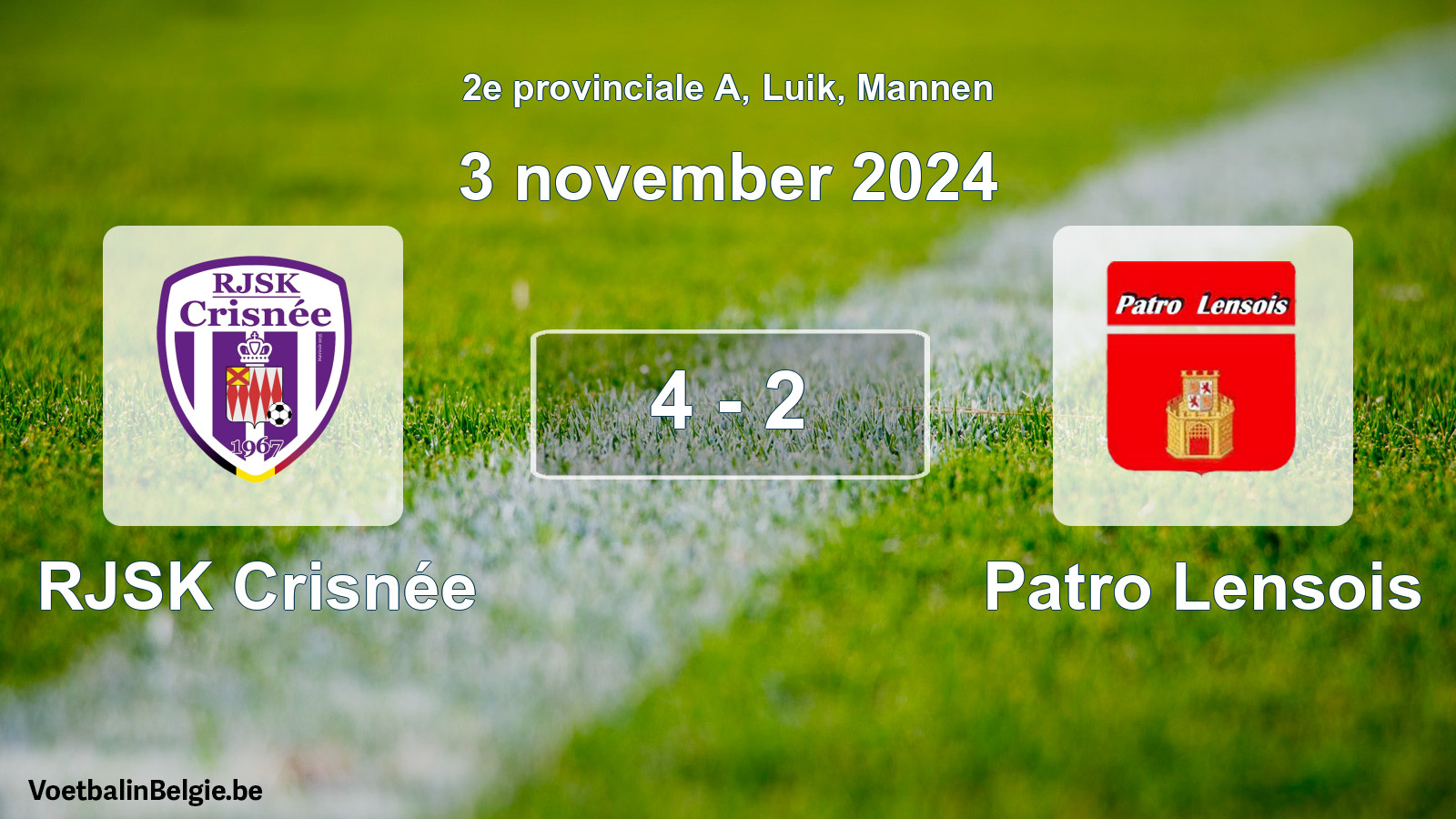 Gespeelde wedstrijd mannenvoetbal: RJSK Crisnée - Patro Lensois 4 - 2 (3 november 2024)