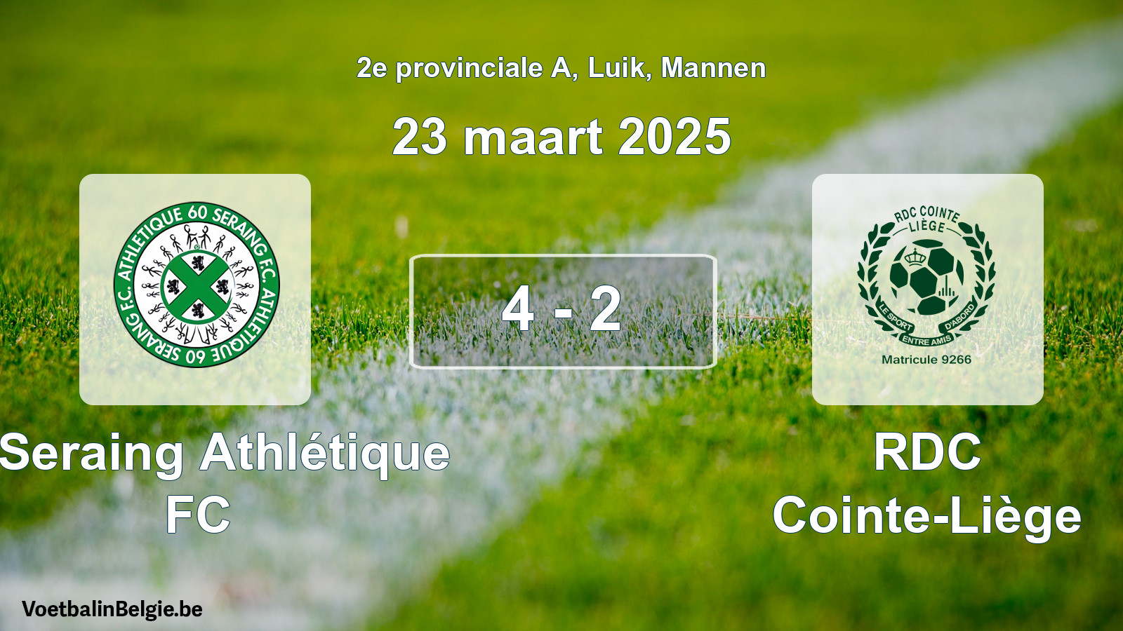 Gespeelde wedstrijd mannenvoetbal: R Seraing Athlétique FC - RDC Cointe-Liège 4 - 2 (23 maart 2025)