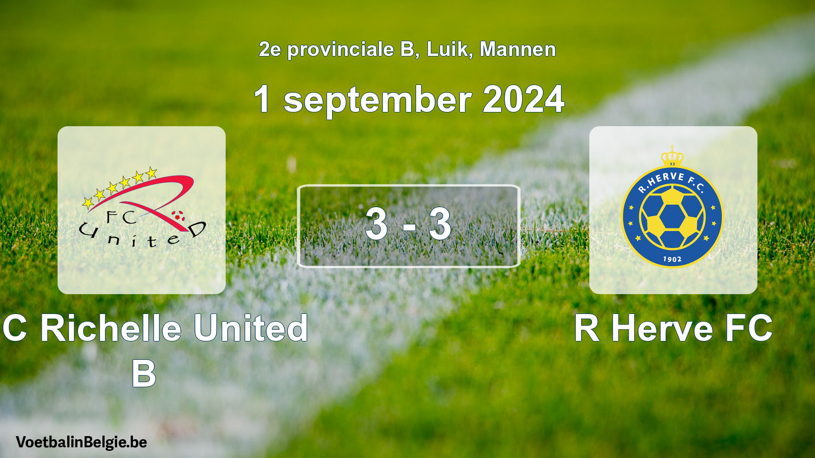 Gespeelde wedstrijd mannenvoetbal: FC Richelle United B - R Herve FC 3 - 3 (1 september 2024)