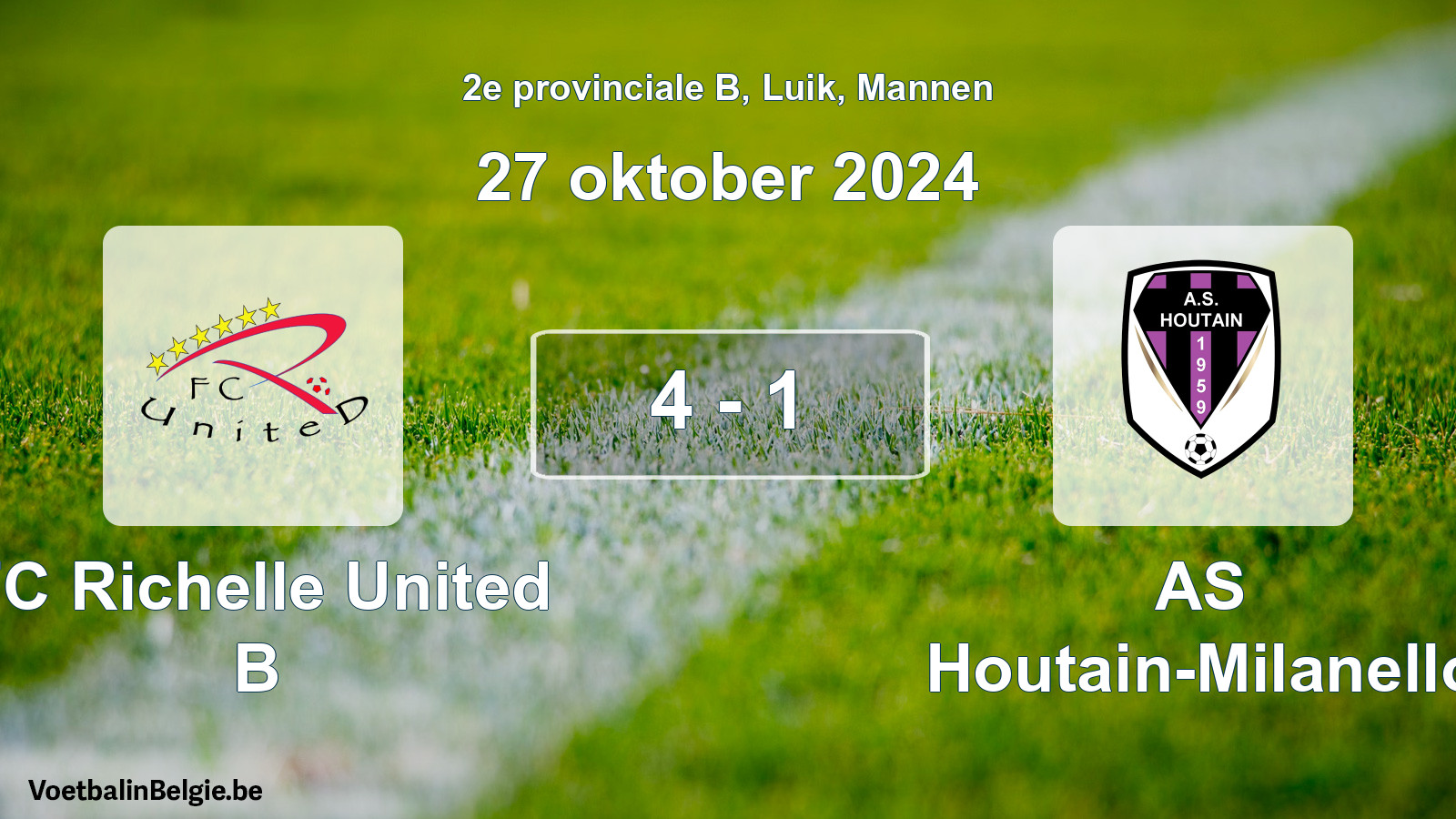 Gespeelde wedstrijd mannenvoetbal: FC Richelle United B - AS Houtain-Milanello 4 - 1 (27 oktober 2024)