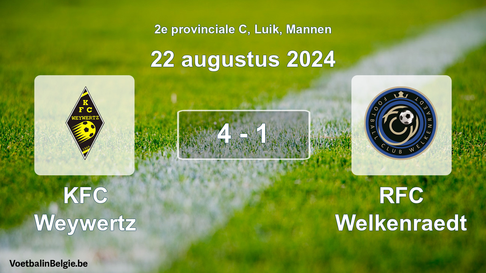 Gespeelde wedstrijd mannenvoetbal: KFC Weywertz - RFC Welkenraedt 4 - 1 (22 augustus 2024)