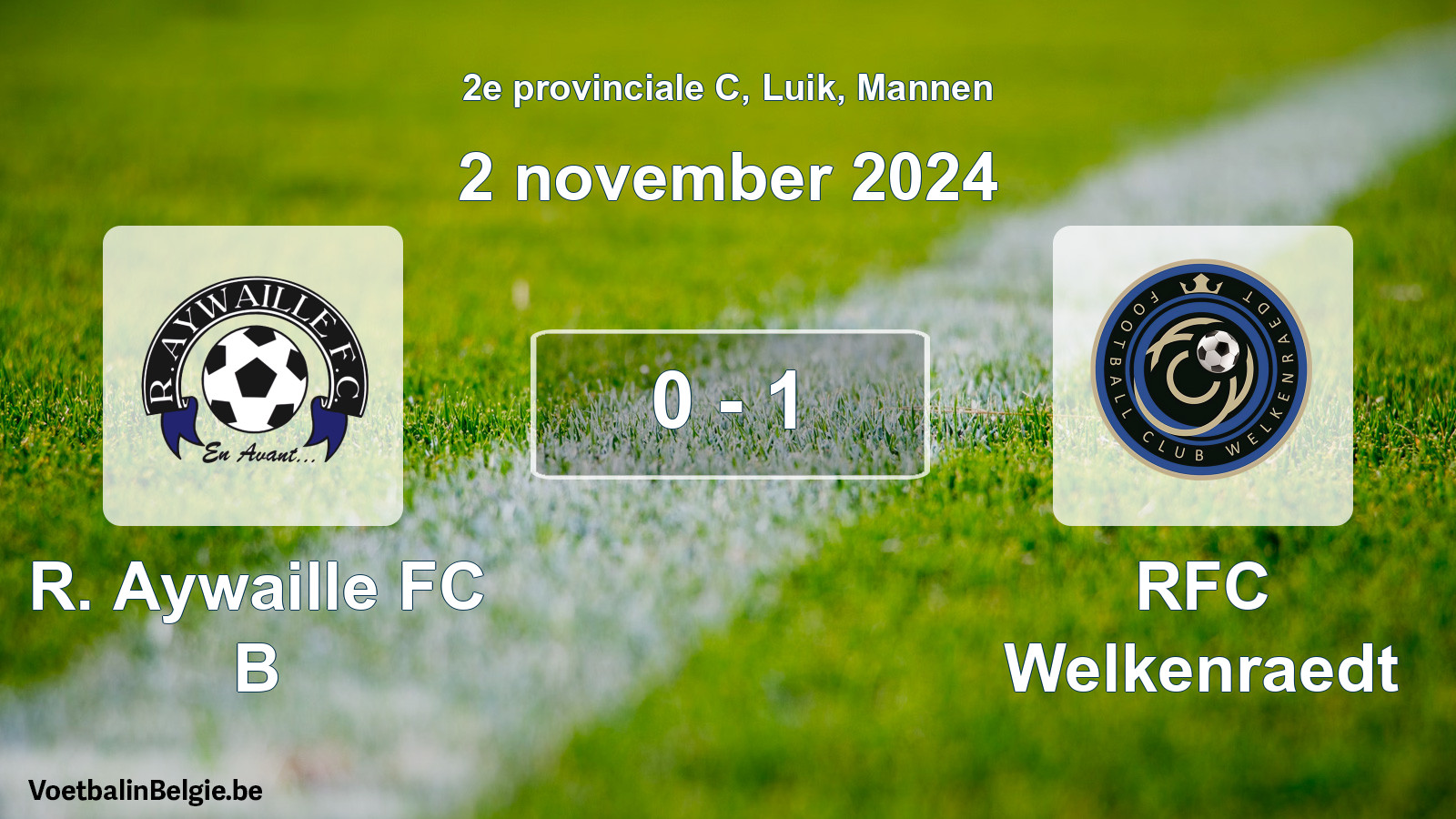 Gespeelde wedstrijd mannenvoetbal: R. Aywaille FC B - RFC Welkenraedt 0 - 1 (2 november 2024)