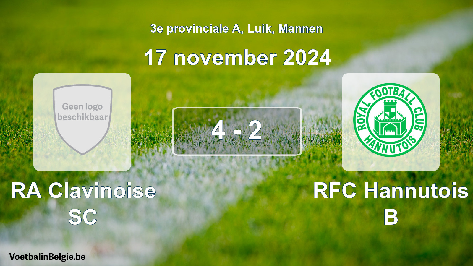 Gespeelde wedstrijd mannenvoetbal: RA Clavinoise SC - RFC Hannutois B 4 - 2 (17 november 2024)