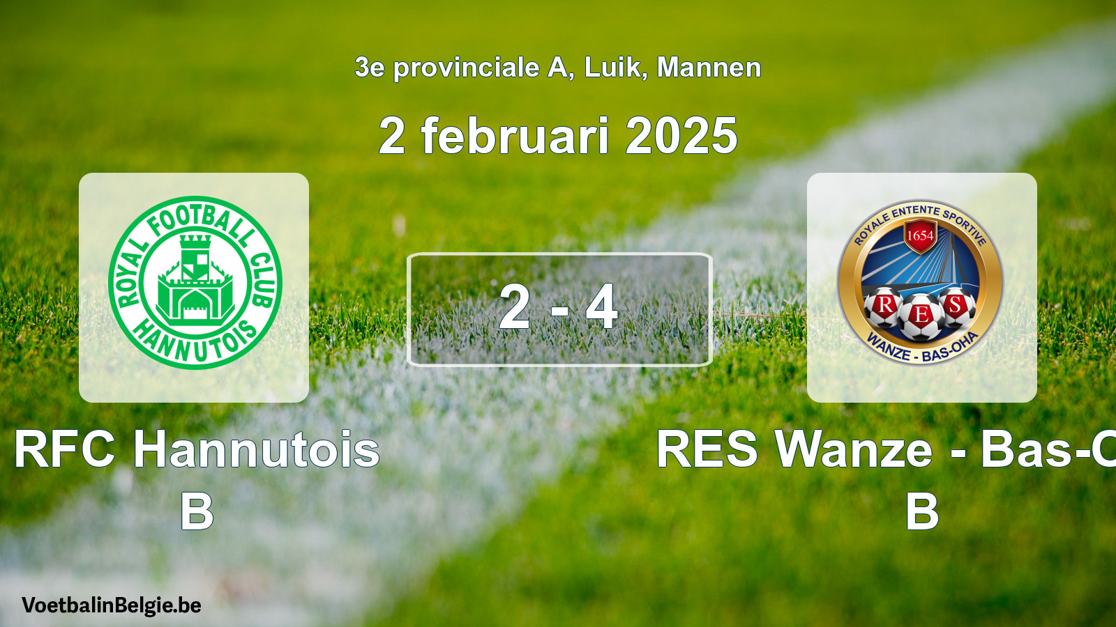 Gespeelde wedstrijd mannenvoetbal: RFC Hannutois B - RES Wanze - Bas-Oha B 2 - 4 (2 februari 2025)