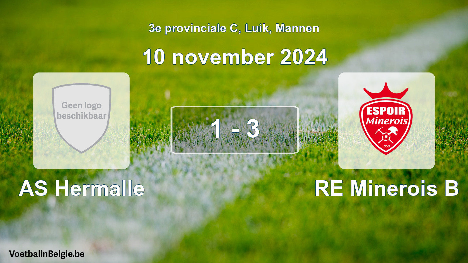 Gespeelde wedstrijd mannenvoetbal: AS Hermalle - RE Minerois B 1 - 3 (10 november 2024)