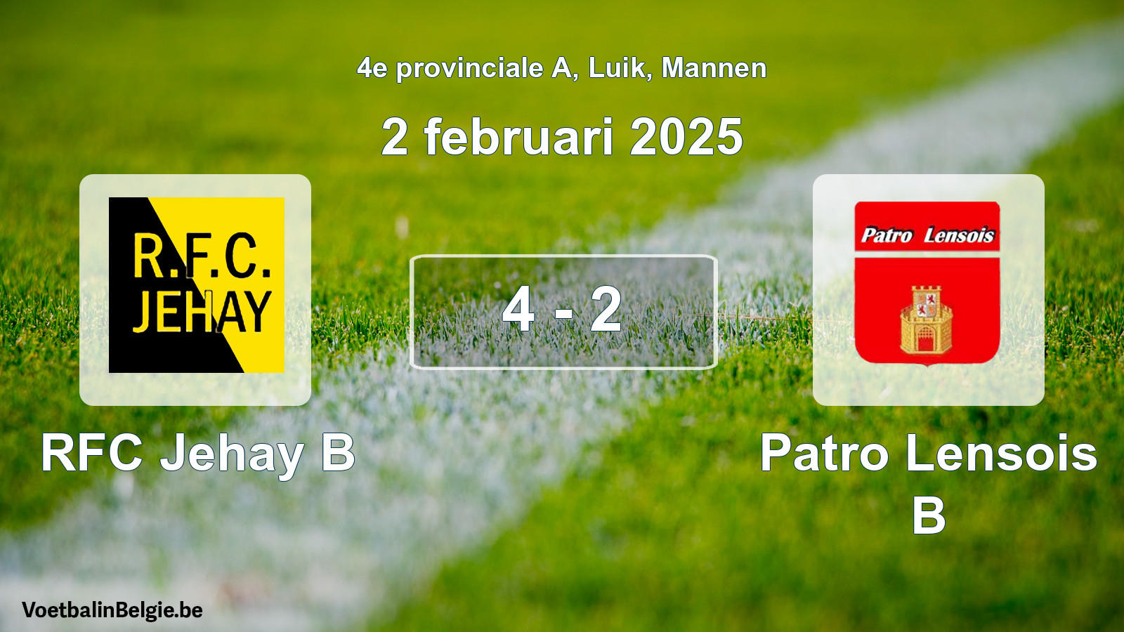 Gespeelde wedstrijd mannenvoetbal: RFC Jehay B - Patro Lensois B 4 - 2 (2 februari 2025)