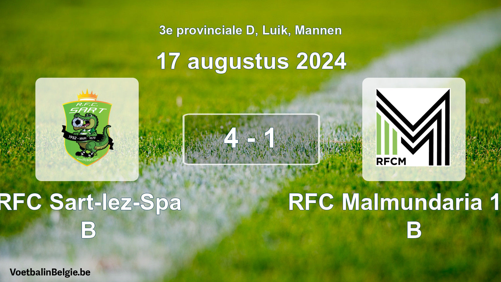 Gespeelde wedstrijd mannenvoetbal: RFC Sart-lez-Spa B - RFC Malmundaria 1904 B 4 - 1 (17 augustus 2024)