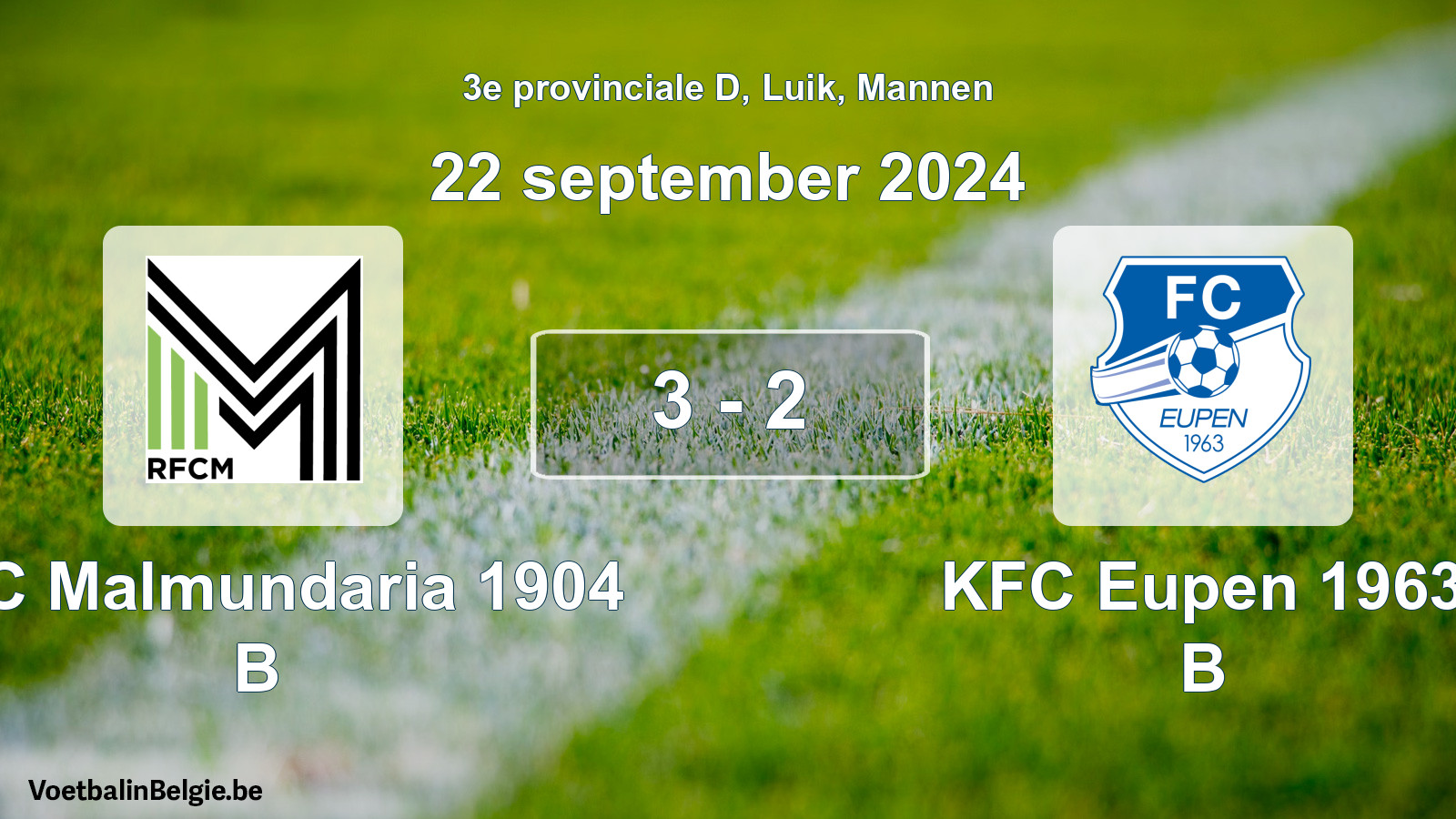 Gespeelde wedstrijd mannenvoetbal: RFC Malmundaria 1904 B - KFC Eupen 1963 B 3 - 2 (22 september 2024)