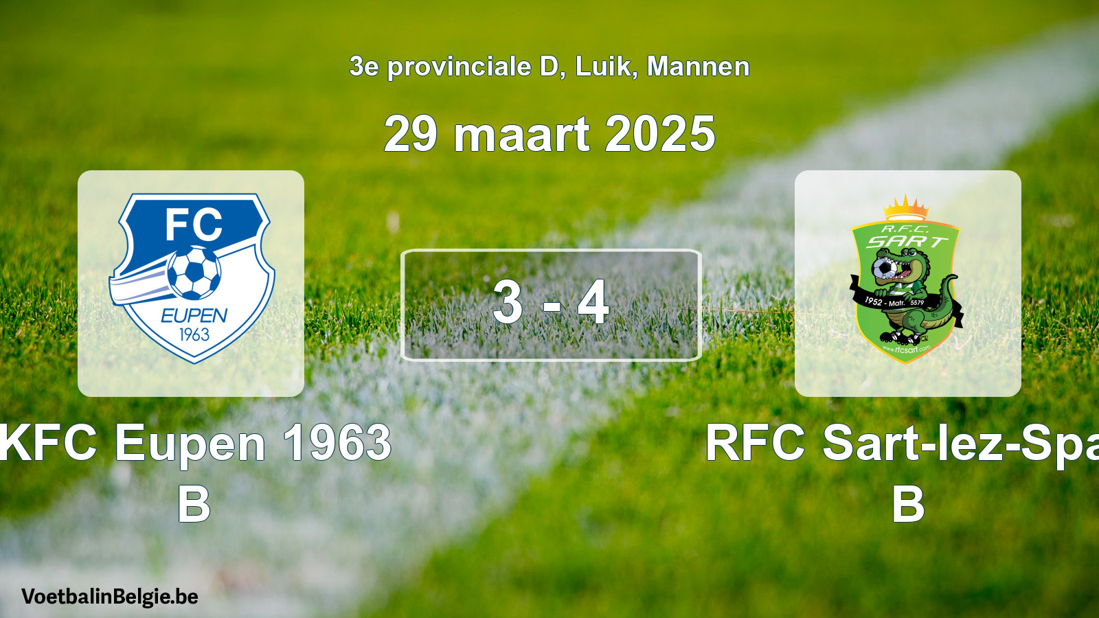 Gespeelde wedstrijd mannenvoetbal: KFC Eupen 1963 B - RFC Sart-lez-Spa B 3 - 4 (29 maart 2025)