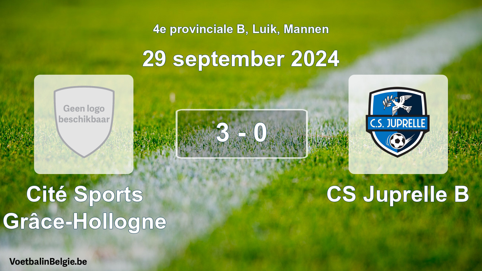 Gespeelde wedstrijd mannenvoetbal: Cité Sports Grâce-Hollogne - CS Juprelle B 3 - 0 (29 september 2024)