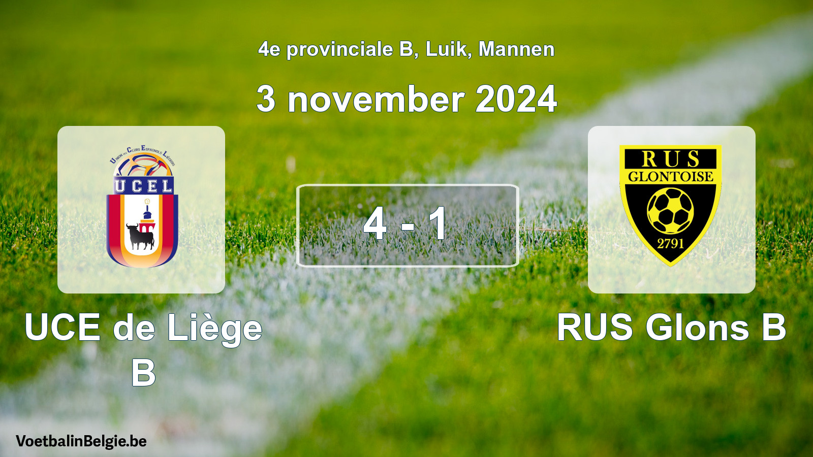 Gespeelde wedstrijd mannenvoetbal: UCE de Liège B - RUS Glons B 4 - 1 (3 november 2024)