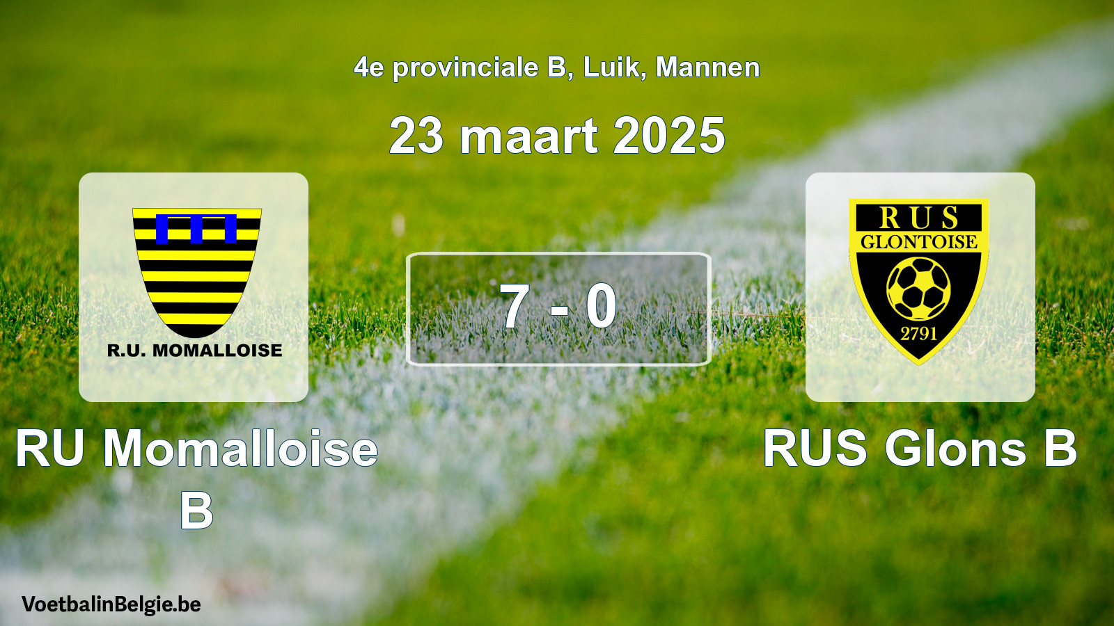 Gespeelde wedstrijd mannenvoetbal: RU Momalloise B - RUS Glons B 7 - 0 (23 maart 2025)