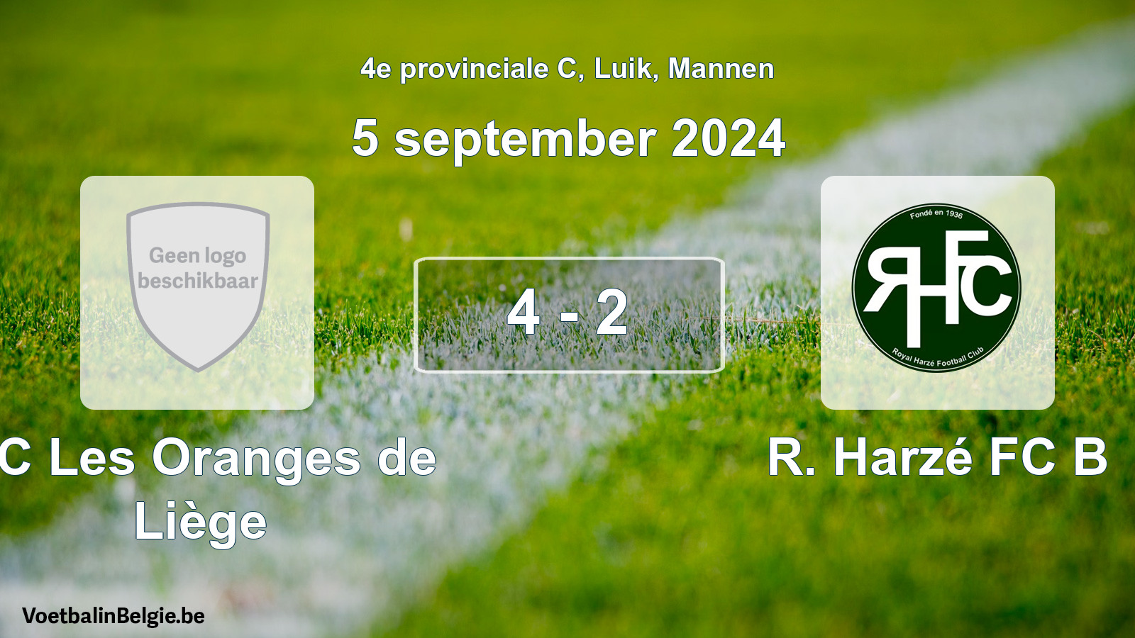 Gespeelde wedstrijd mannenvoetbal: FC Les Oranges de Liège - R. Harzé FC B 4 - 2 (5 september 2024)