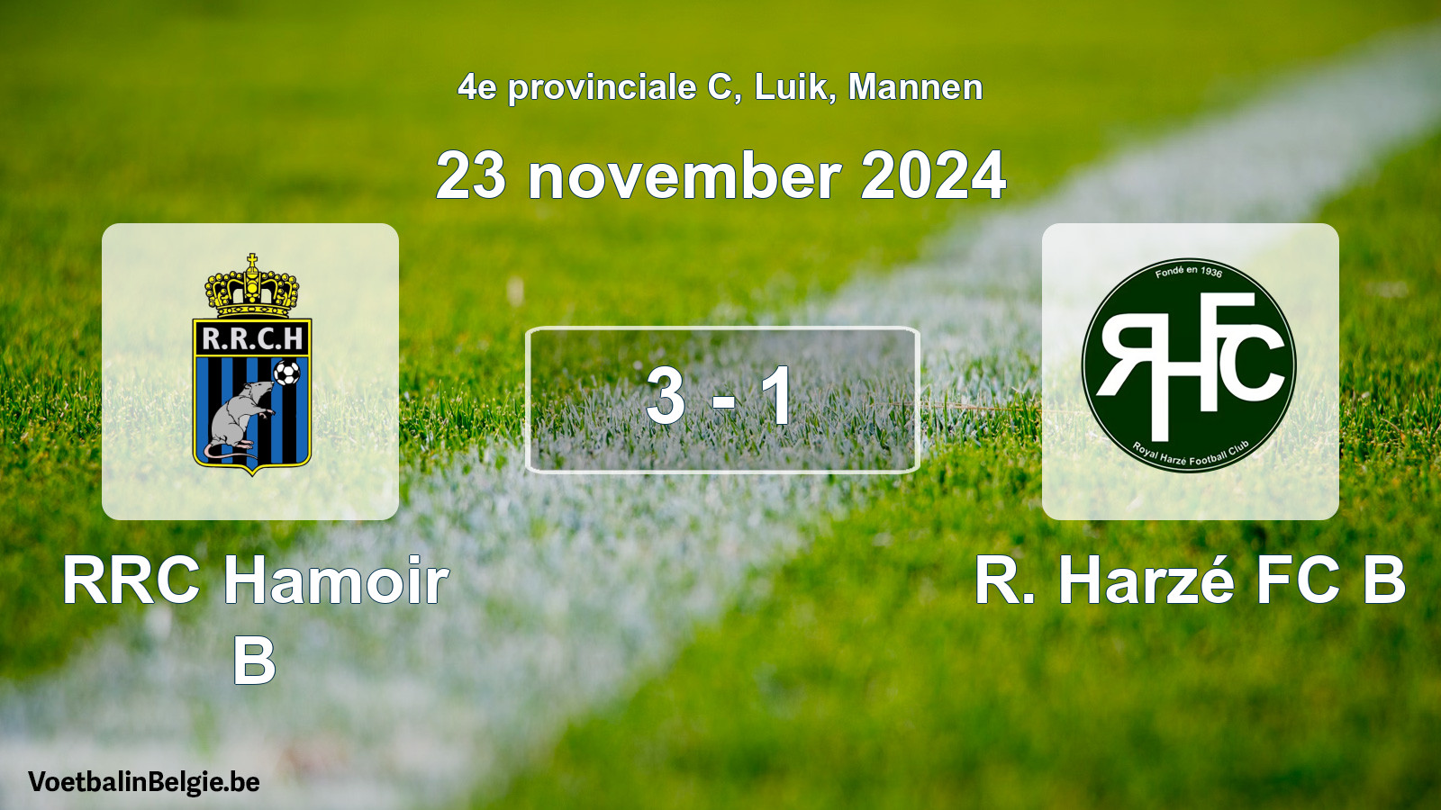Gespeelde wedstrijd mannenvoetbal: RRC Hamoir B - R. Harzé FC B 3 - 1 (23 november 2024)