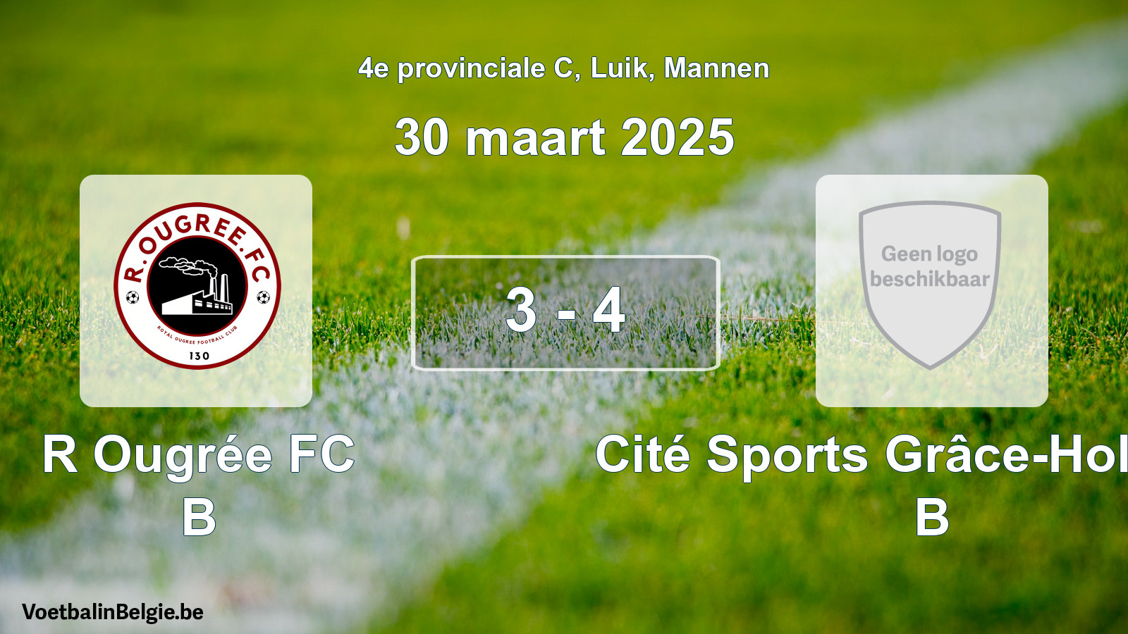 Gespeelde wedstrijd mannenvoetbal: R Ougrée FC B - Cité Sports Grâce-Hollogne B 3 - 4 (30 maart 2025)