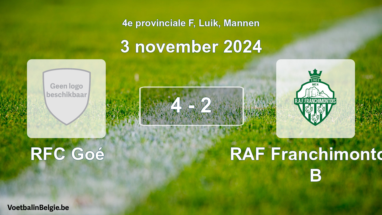 Gespeelde wedstrijd mannenvoetbal: RFC Goé - RAF Franchimontois B 4 - 2 (3 november 2024)