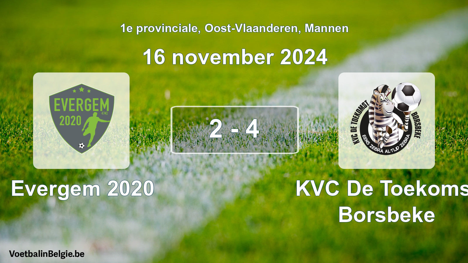 Gespeelde wedstrijd mannenvoetbal: Evergem 2020 - KVC De Toekomst Borsbeke 2 - 4 (16 november 2024)