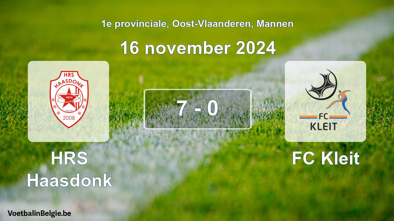 Gespeelde wedstrijd mannenvoetbal: HRS Haasdonk - FC Kleit 7 - 0 (16 november 2024)