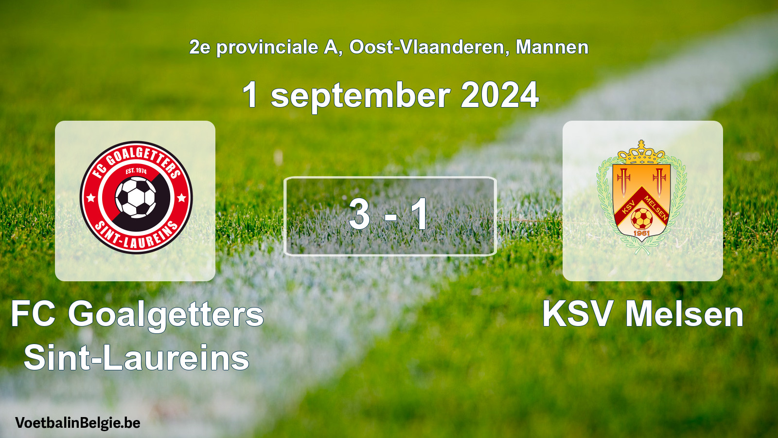 Gespeelde wedstrijd mannenvoetbal: FC Goalgetters Sint-Laureins - KSV Melsen 3 - 1 (1 september 2024)