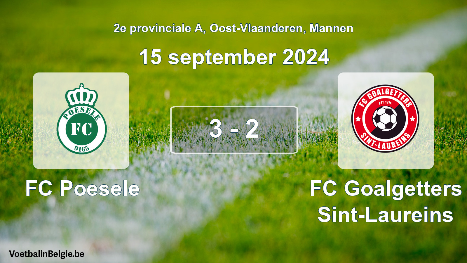 Gespeelde wedstrijd mannenvoetbal: FC Poesele - FC Goalgetters Sint-Laureins 3 - 2 (15 september 2024)