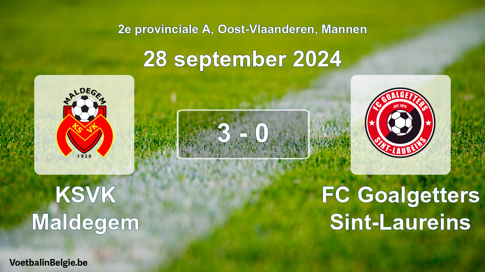 Gespeelde wedstrijd mannenvoetbal: KSVK Maldegem - FC Goalgetters Sint-Laureins 3 - 0 (28 september 2024)