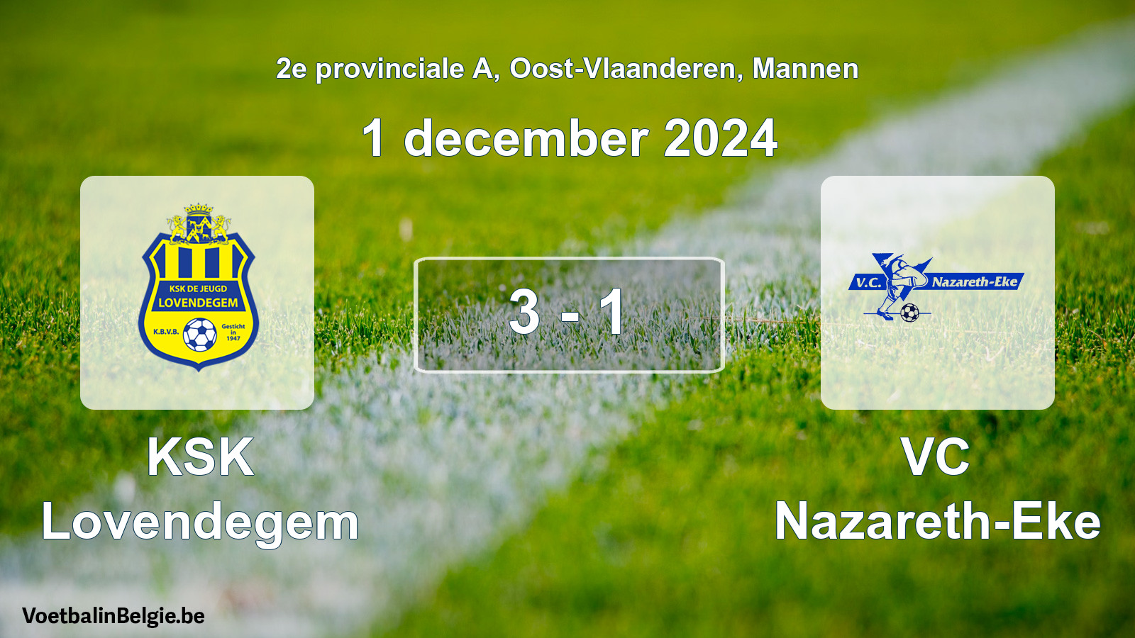 Gespeelde wedstrijd mannenvoetbal: KSK Lovendegem - VC Nazareth-Eke 3 - 1 (1 december 2024)