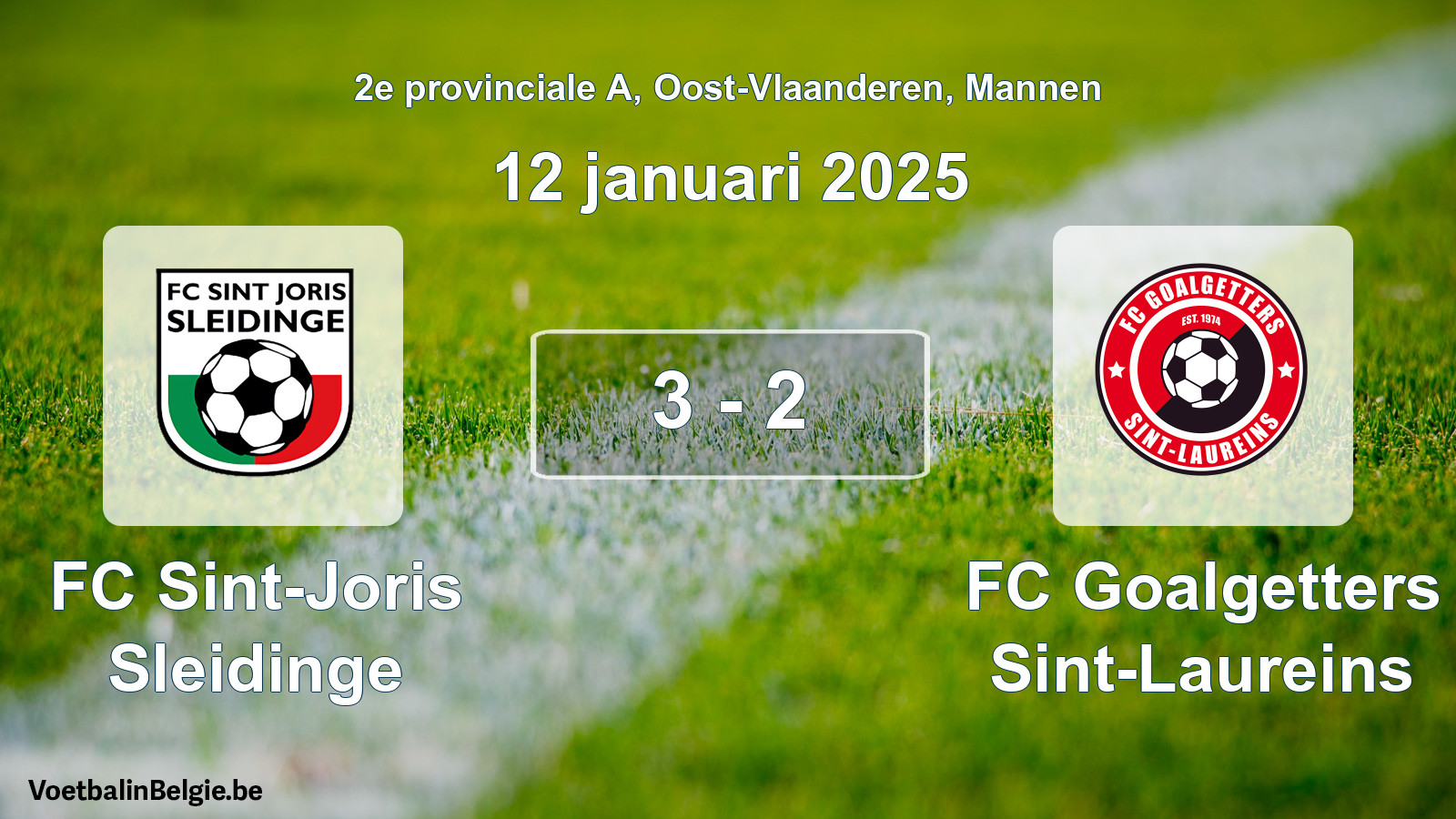 Gespeelde wedstrijd mannenvoetbal: FC Sint-Joris Sleidinge - FC Goalgetters Sint-Laureins 3 - 2 (12 januari 2025)