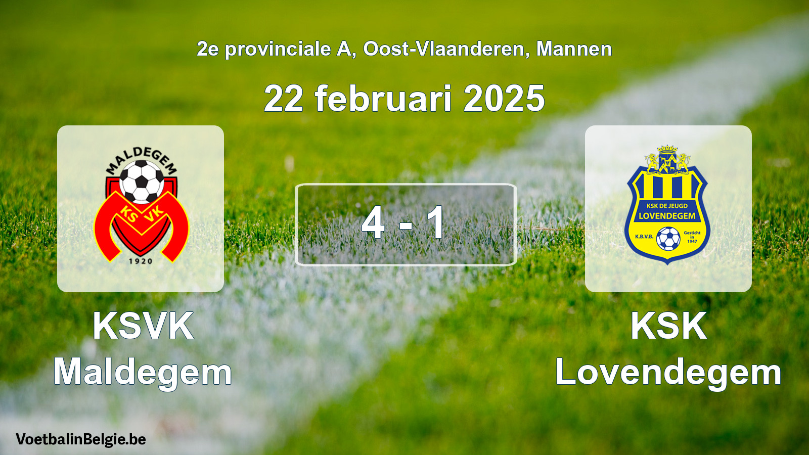 Gespeelde wedstrijd mannenvoetbal: KSVK Maldegem - KSK Lovendegem 4 - 1 (22 februari 2025)