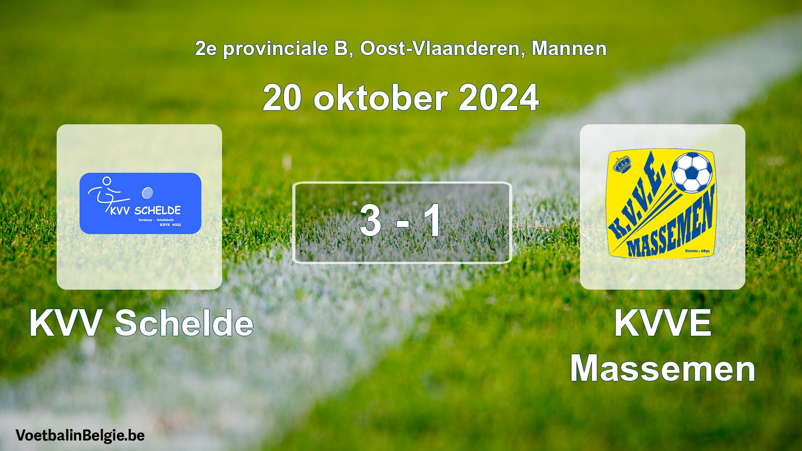 Gespeelde wedstrijd mannenvoetbal: KVV Schelde - KVVE Massemen 3 - 1 (20 oktober 2024)