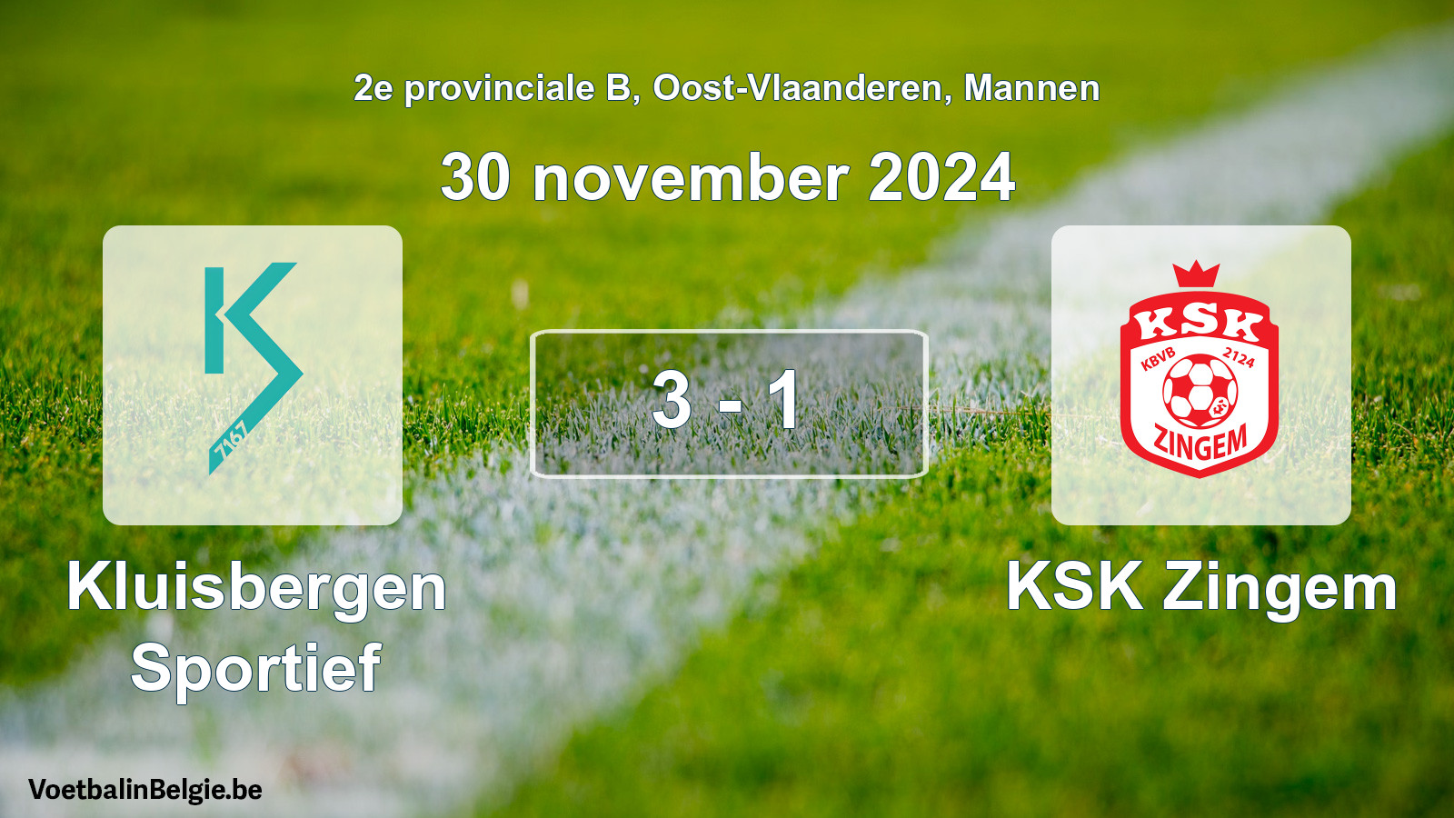Gespeelde wedstrijd mannenvoetbal: Kluisbergen Sportief - KSK Zingem 3 - 1 (30 november 2024)