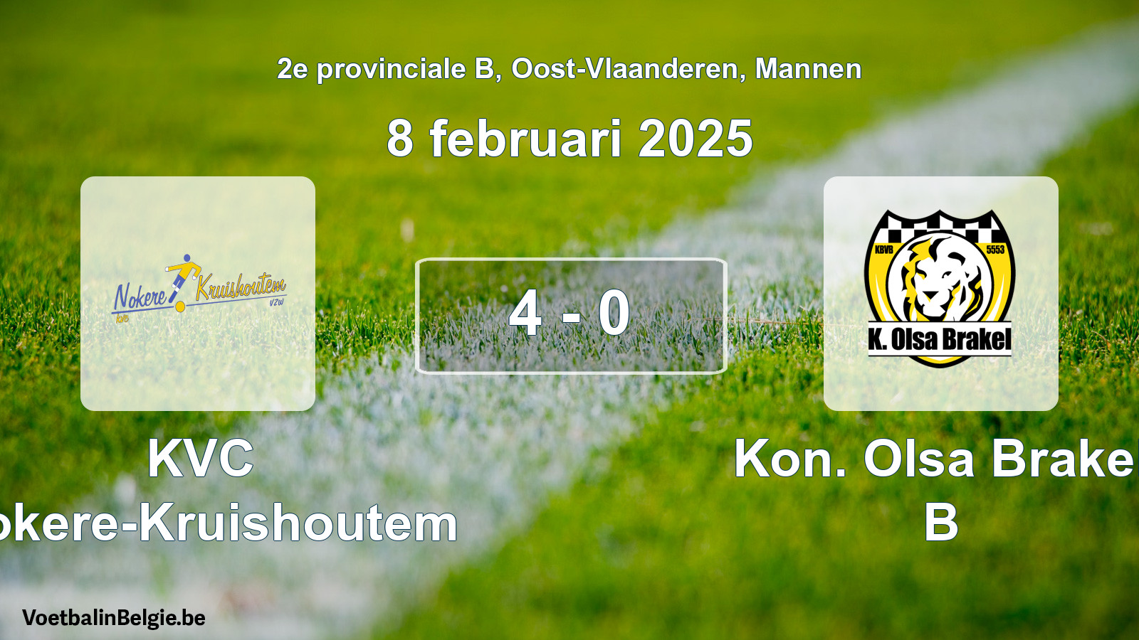 Gespeelde wedstrijd mannenvoetbal: KVC Nokere-Kruishoutem - Kon. Olsa Brakel B 4 - 0 (8 februari 2025)