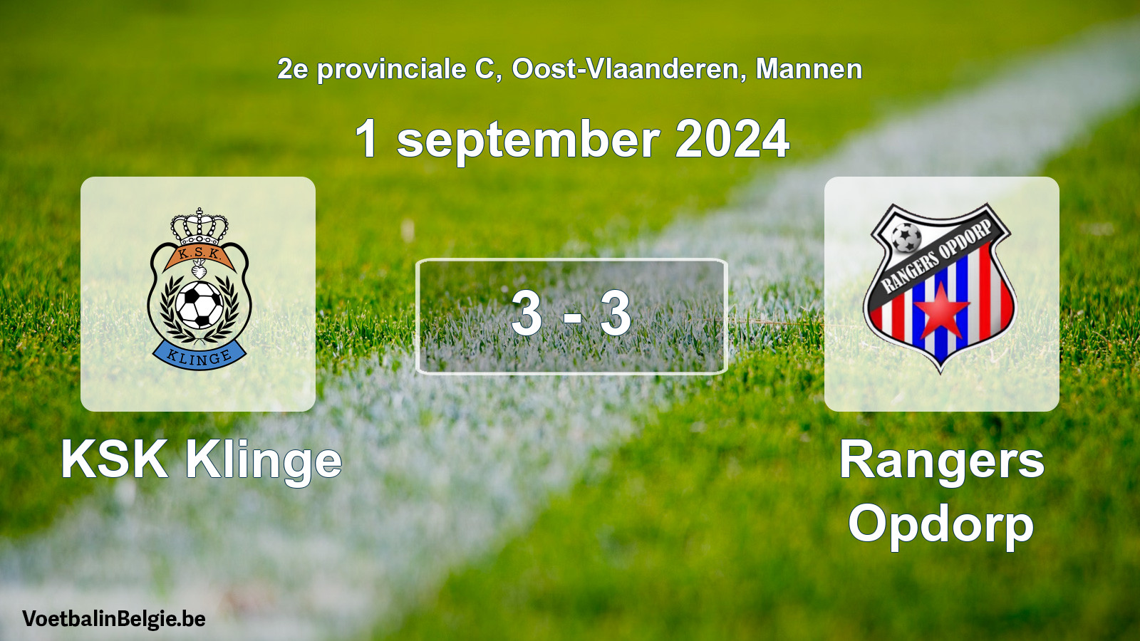 Gespeelde wedstrijd mannenvoetbal: KSK Klinge - Rangers Opdorp 3 - 3 (1 september 2024)