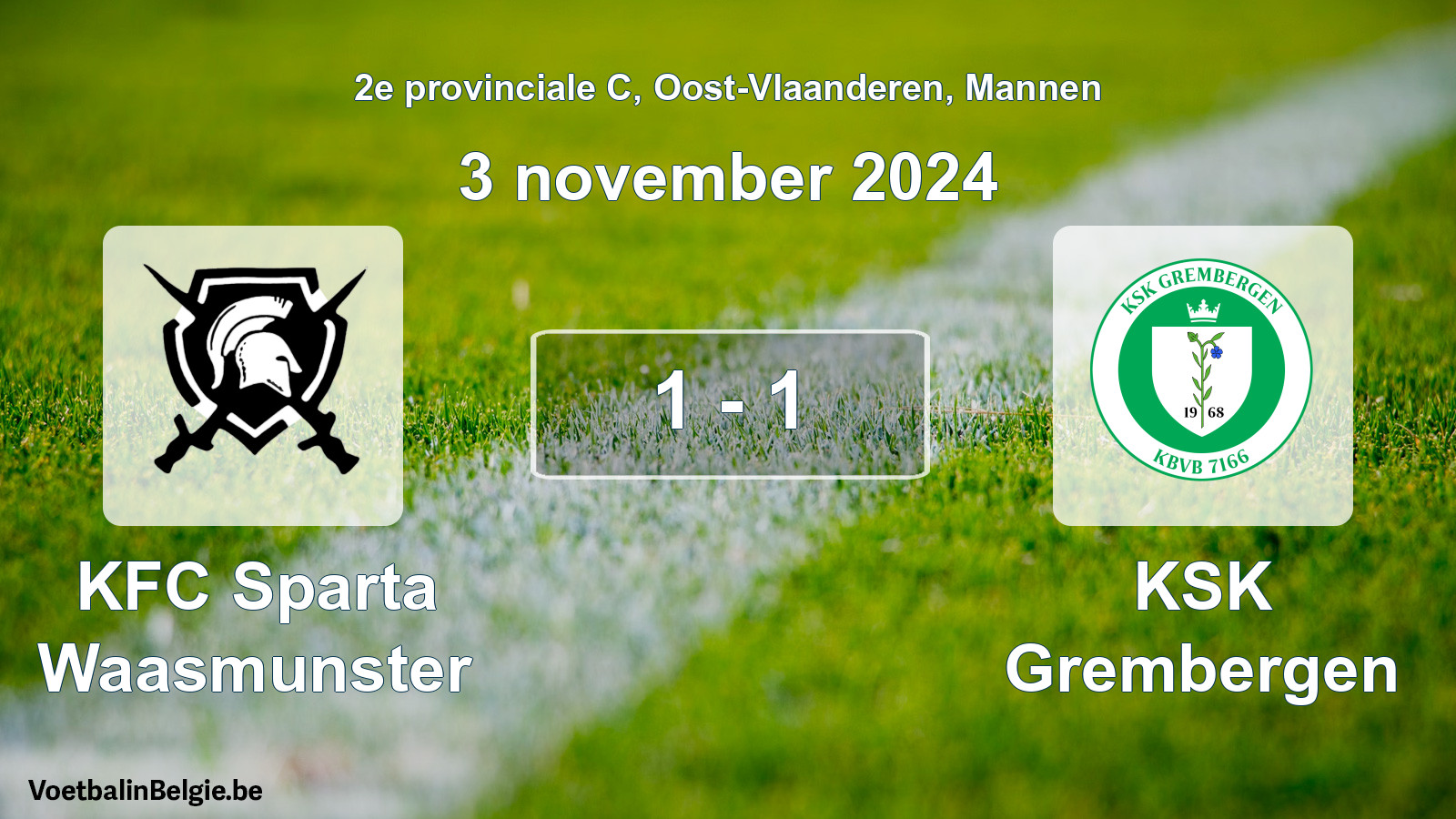 Gespeelde wedstrijd mannenvoetbal: KFC Sparta Waasmunster - KSK Grembergen 1 - 1 (3 november 2024)