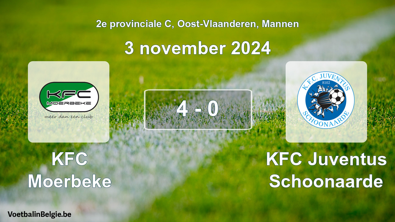 Gespeelde wedstrijd mannenvoetbal: KFC Moerbeke - KFC Juventus Schoonaarde 4 - 0 (3 november 2024)