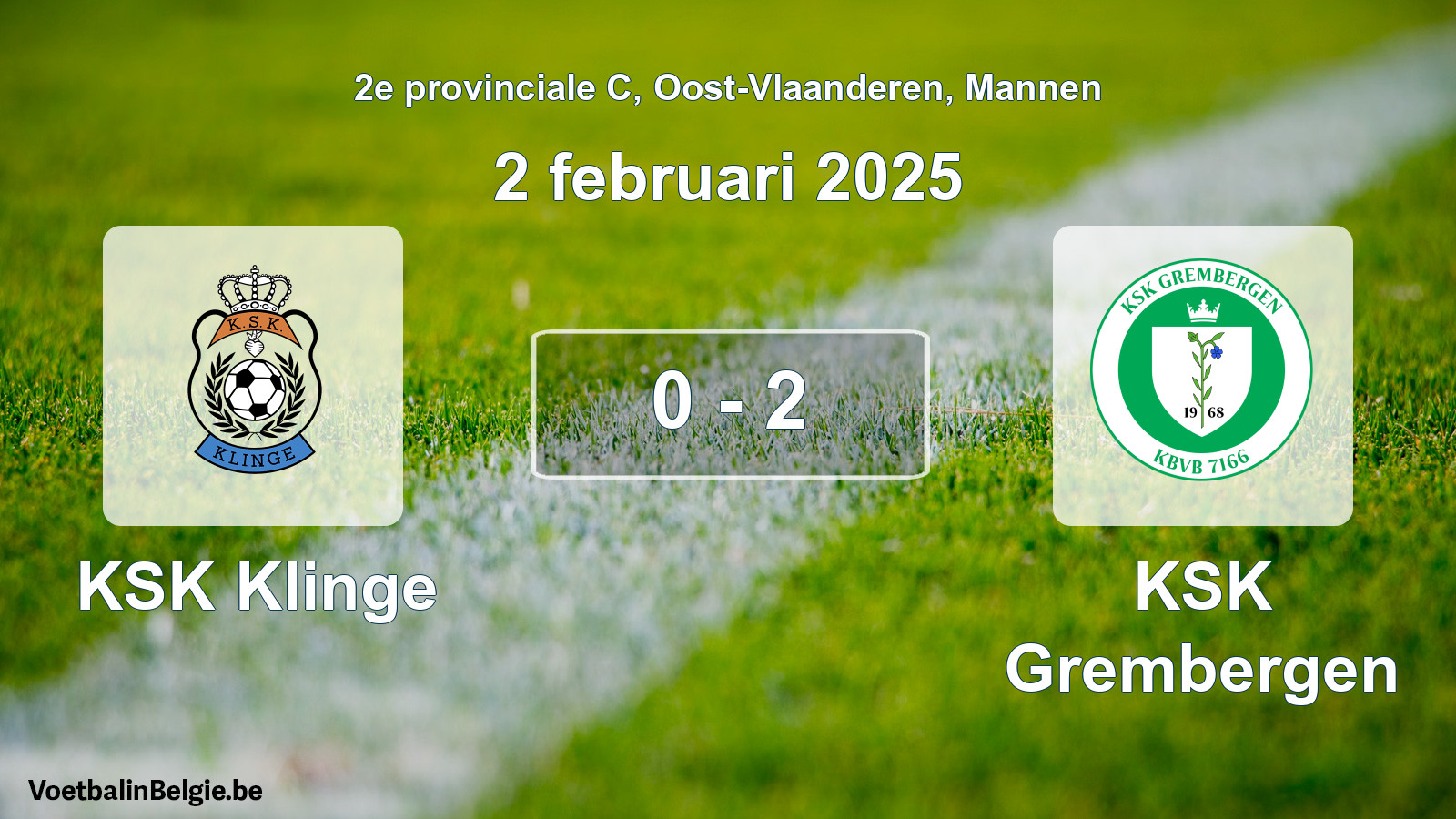Gespeelde wedstrijd mannenvoetbal: KSK Klinge - KSK Grembergen 0 - 2 (2 februari 2025)